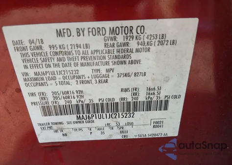 2018 Ford Ecosport Se from USA, damaged, VIN MAJ6P1UL1JC215232